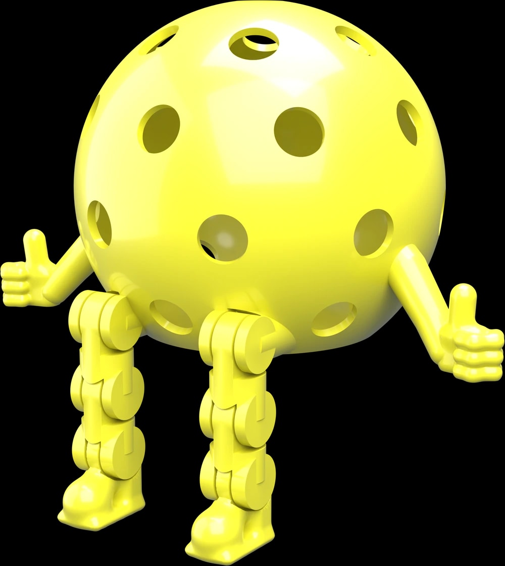 Pickleball Dinky in Yellow — round jointed character standing with his arms out