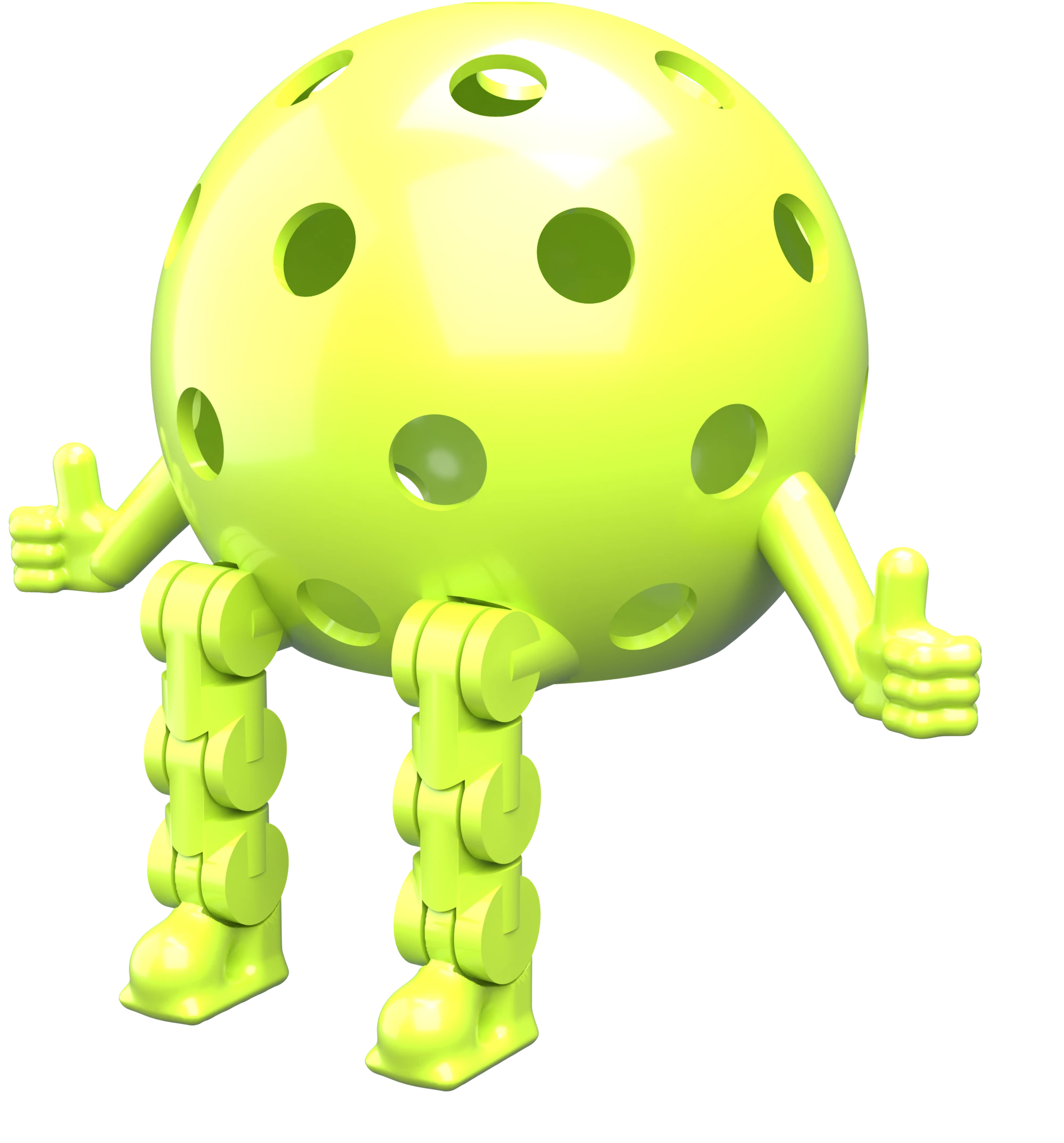 Green Pickleball Dinky sitting on a ledge with his legs hanging over the edge