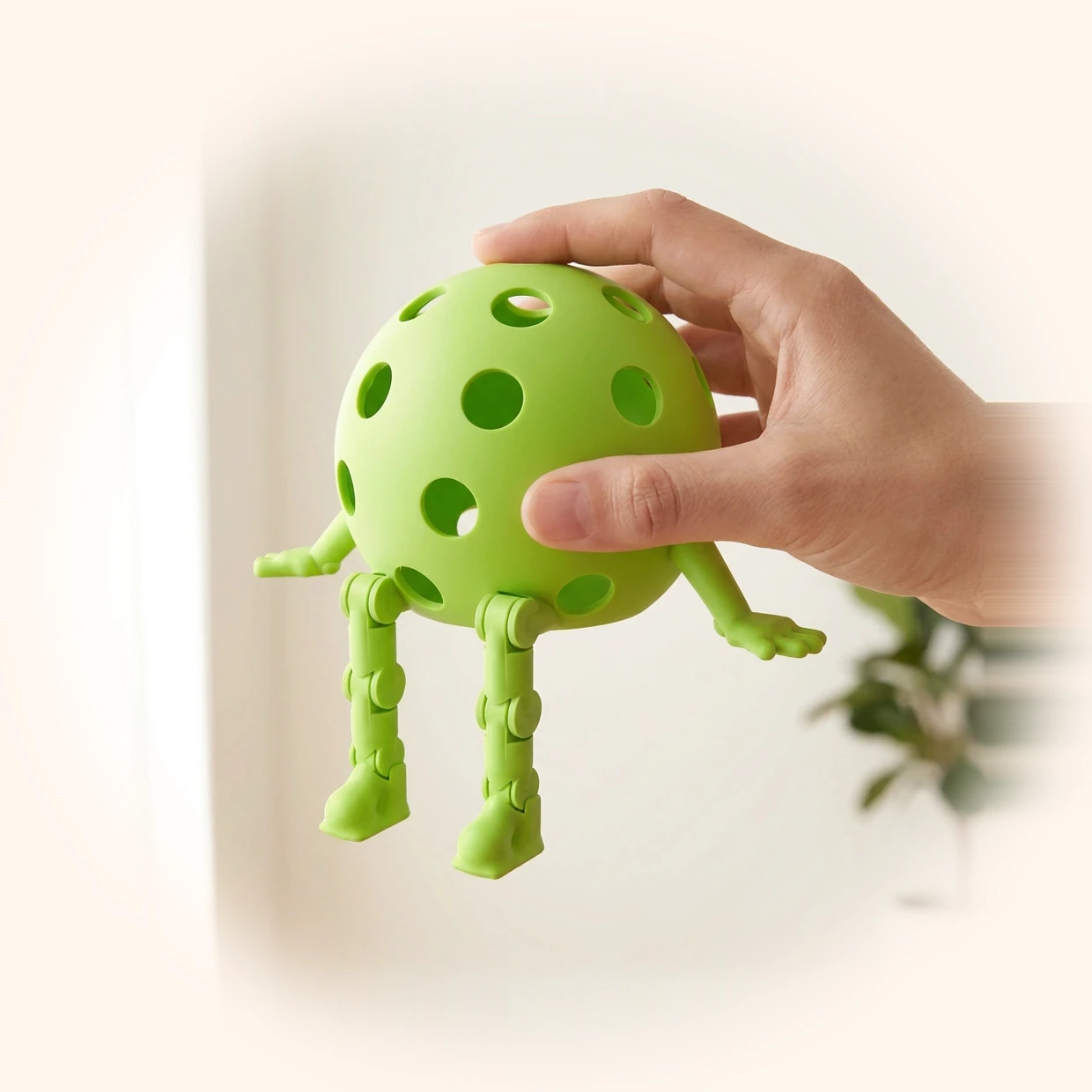 A hand holding a green Pickleball Buddy, his jointed arms and legs hanging free